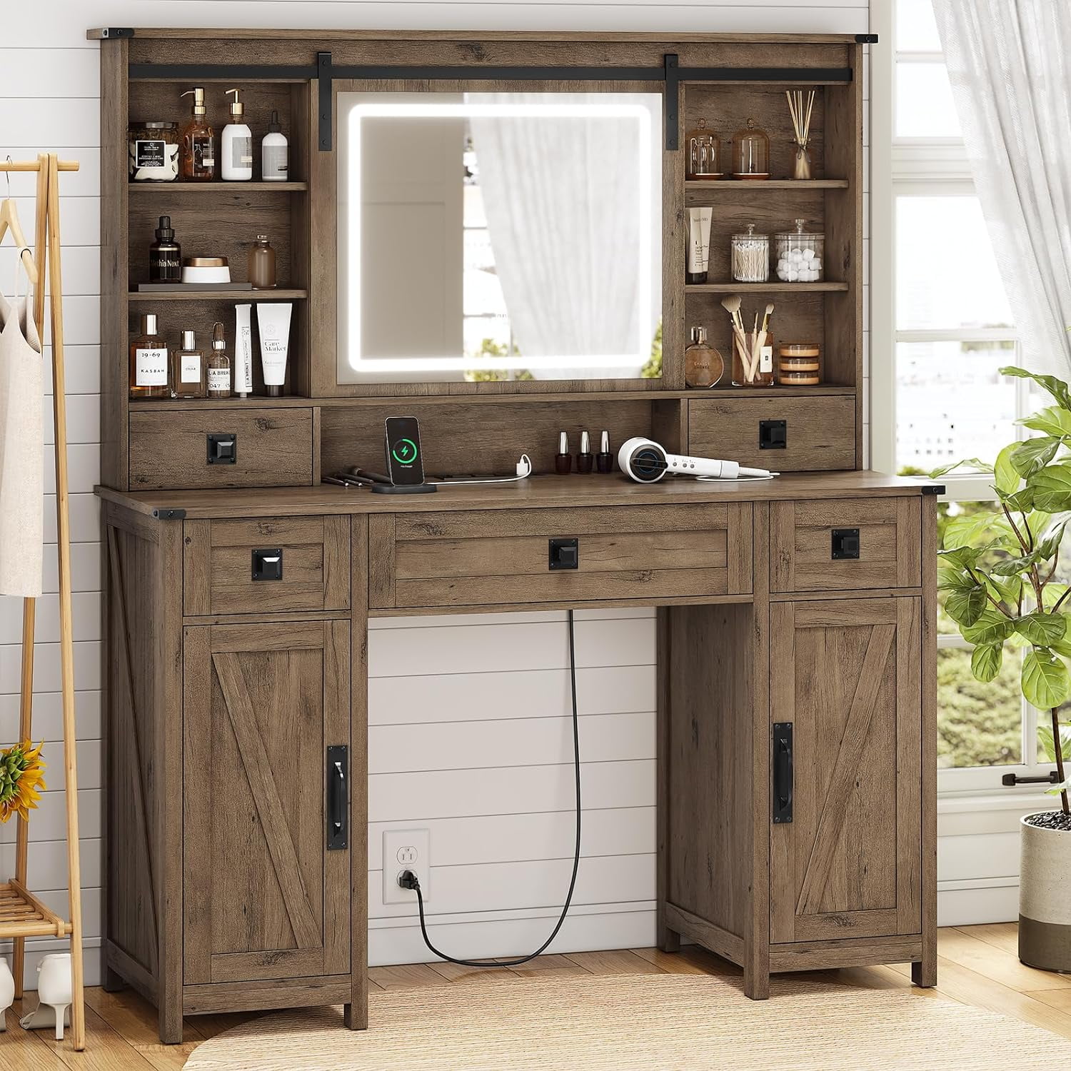 Afuhokles Vanity Desk with Lighted Mirror and Charging Station, Farmhouse Makeup Vanity with