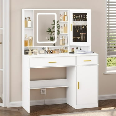 Afuhokles White Vanity Desk with Mirror and Lights, 3 Colors, Charging ...