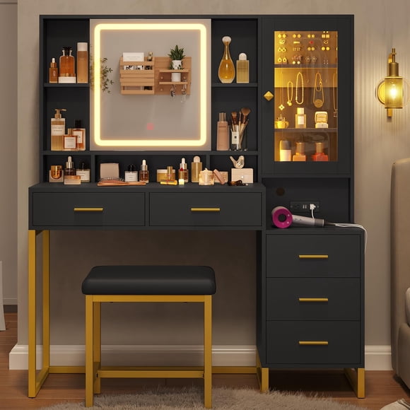 Afuhokles Vanity Set with Stool and Charging Station, Vanity Desk with Lighted Mirror, Jewelry Storage, 5 Drawers, Black
