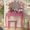 thumbnail image 1 of Afuhokles Vanity Table Set with Lighted Tri-Fold Mirror and Stool, Makeup Vanity Dressing Desk 5 Drawers, Pink, 1 of 5