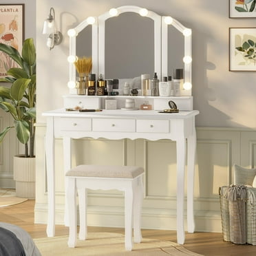 Sanlo Wooden Vanity Makeup Table and Stool Set in Rose Gold - Modern Tri-Fold Mirror Dressing Table with 4 Drawers