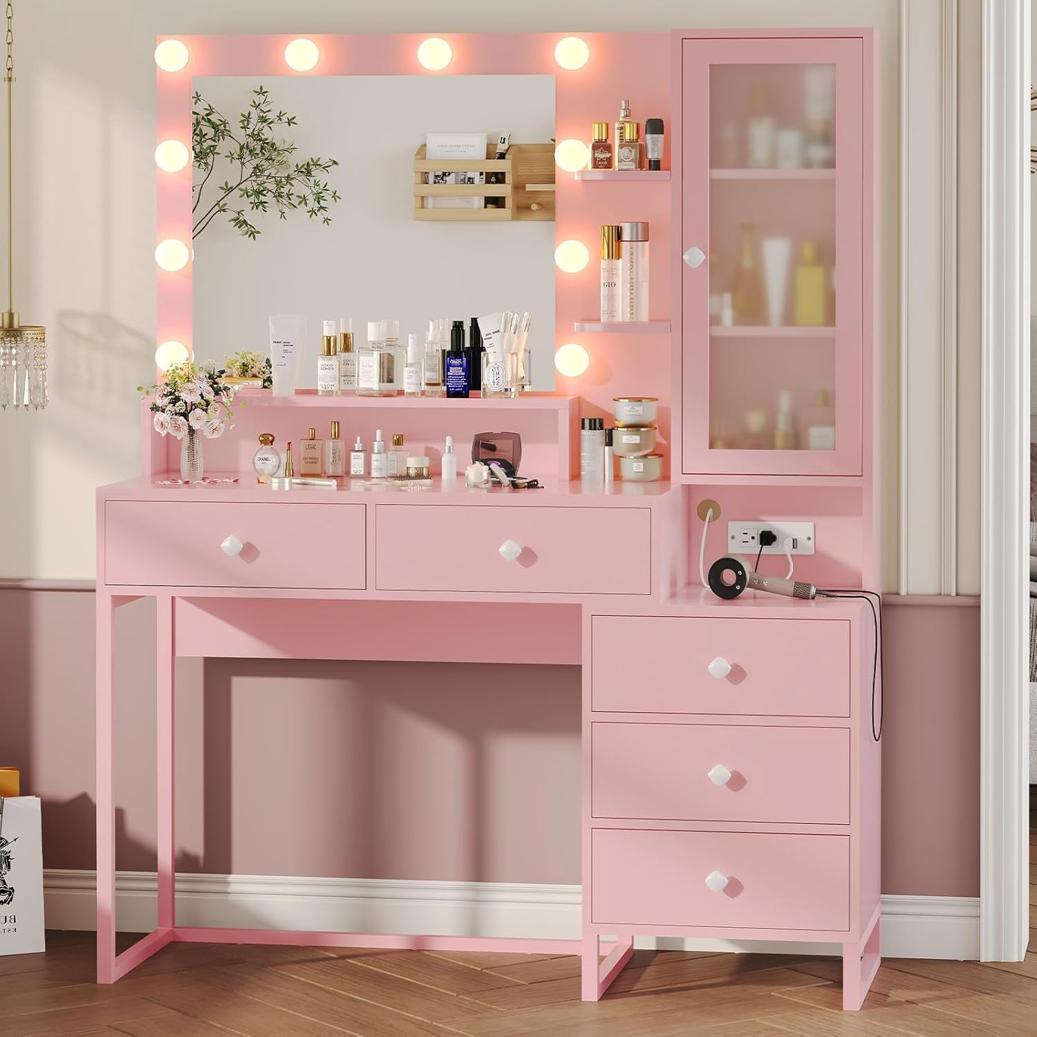Afuhokles Vanity Table with Lighted Mirror and Charging Station, Makeup