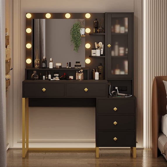 Afuhokles Vanity Table with Lighted Mirror and Charging Station, Vanity Desk with 10 LED Bulbs, Makeup Table with with 5 Drawers, Black