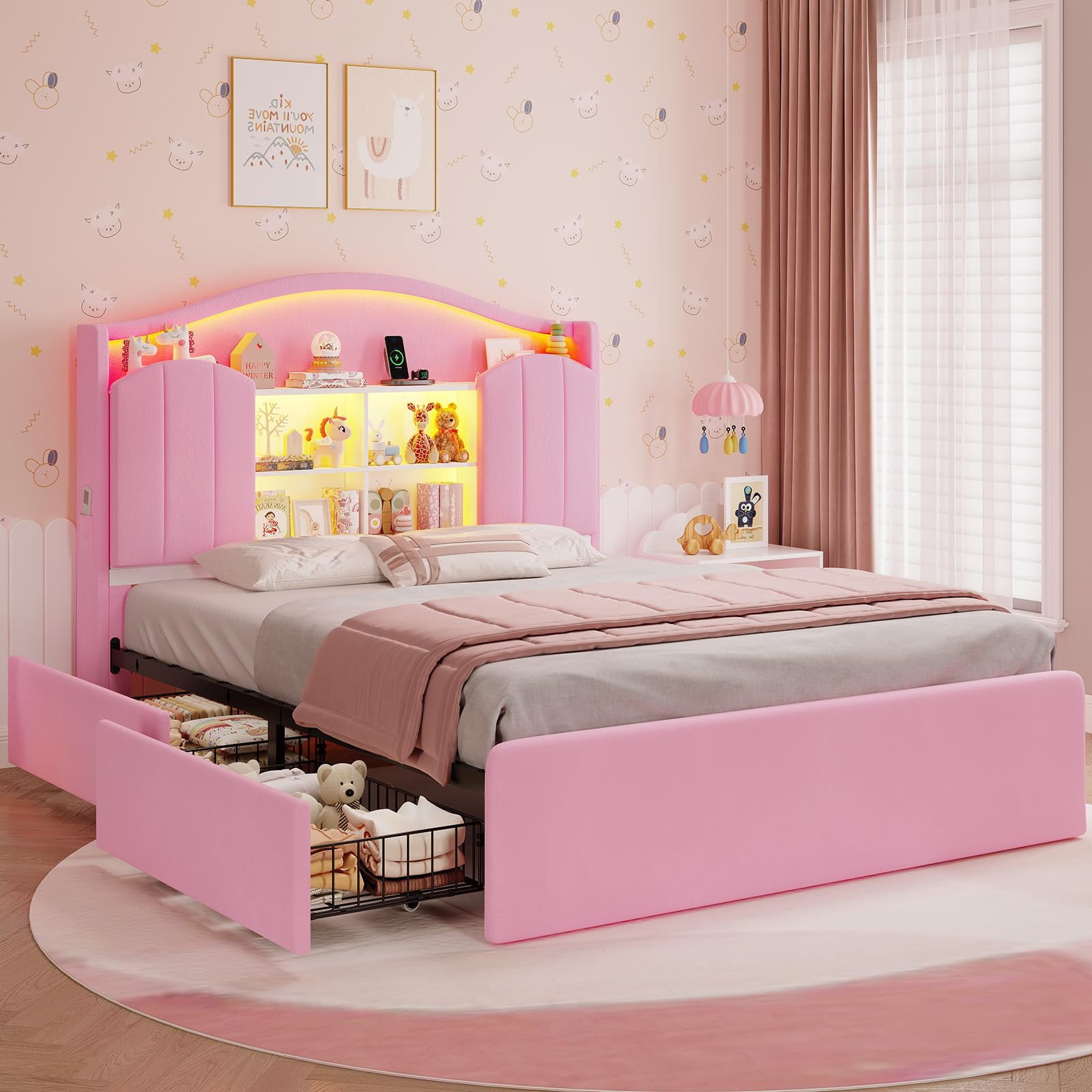 Afuhokles Velvet Upholstered Full Size Bed Frame with 4 Drawers and Hidden Storage Headboard, LED Lights and Charging Station,Pink