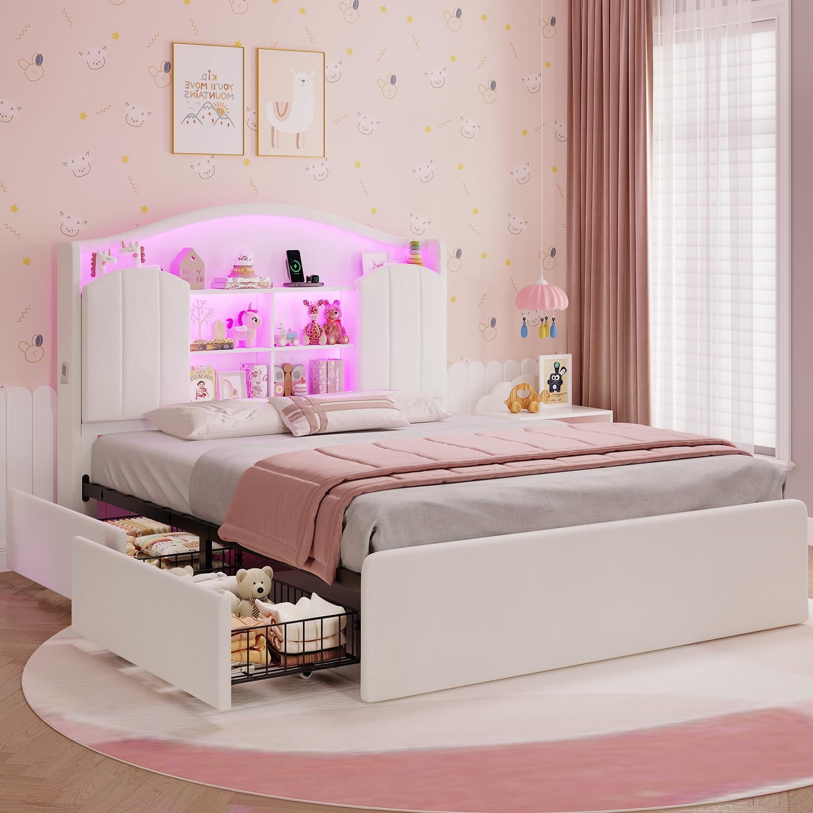 Afuhokles Velvet Upholstered Full Size Bed Frame with 4 Drawers and Hidden Storage Headboard, LED Lights and Charging Station,White