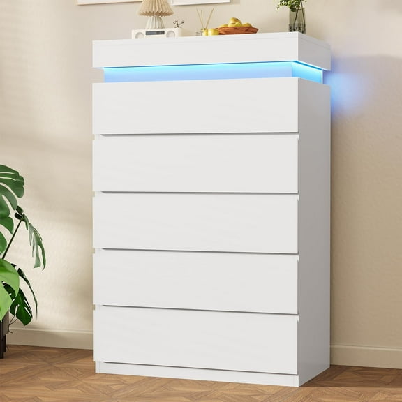 Afuhokles White 5 Drawer Dresser with LED Light, Chest of Drawers for Bedroom, White