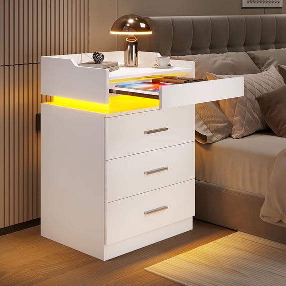 Afuhokles White LED Nightstand with Charging Station, 3 Drawer Bedside Table with Pull-Out Tray, White