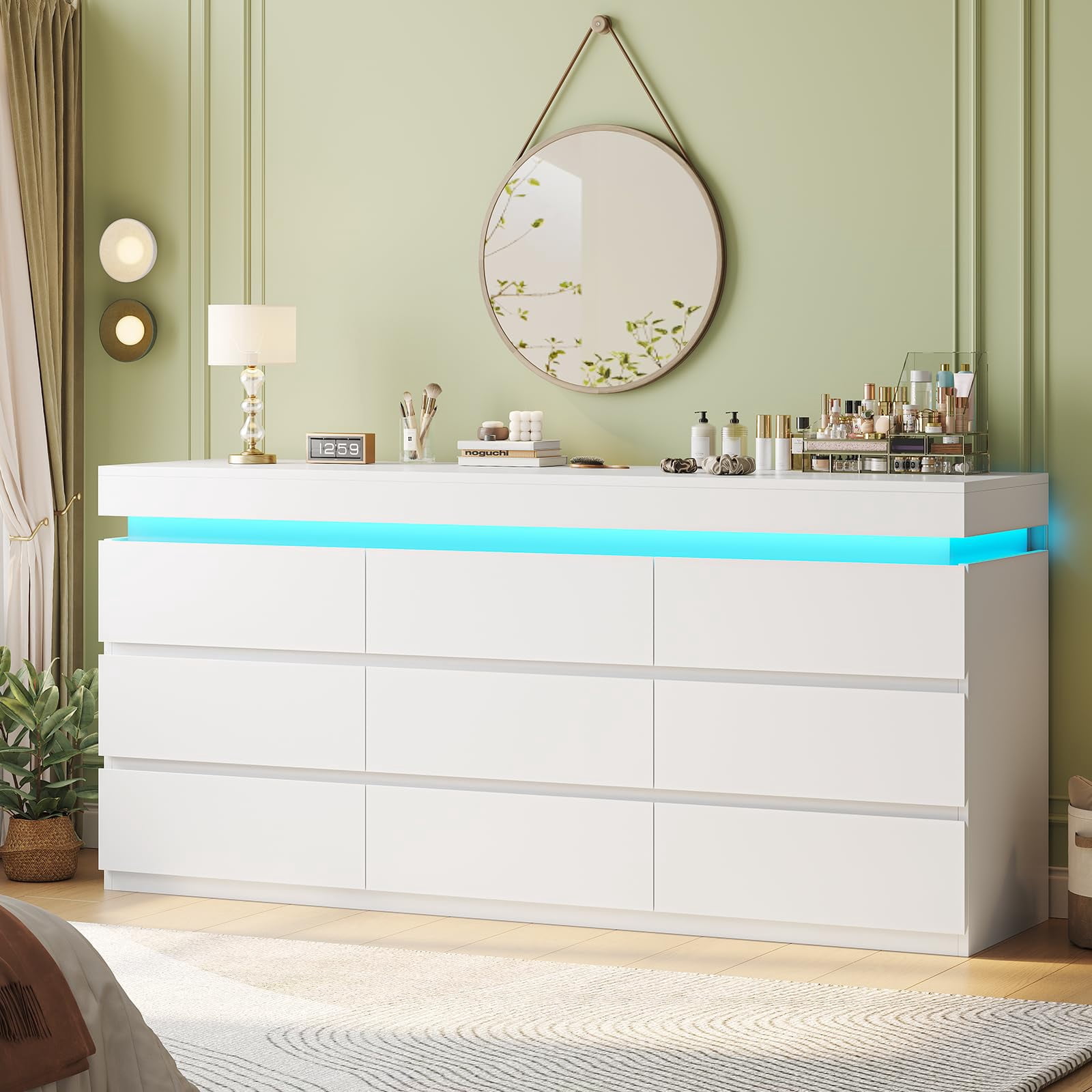 Afuhokles Wide Dresser TV Stand with 9 Drawers Dresser for Bedroom Chests of Drawers for Living Room, White