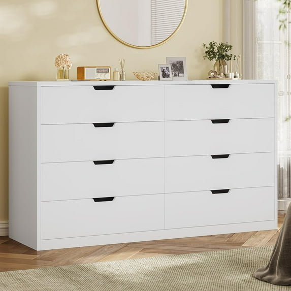 Afuhokles Wood Dresser 8 Drawer Double Dresser, Modern Wood Chest of Drawer for Living Room, Bedroom, White