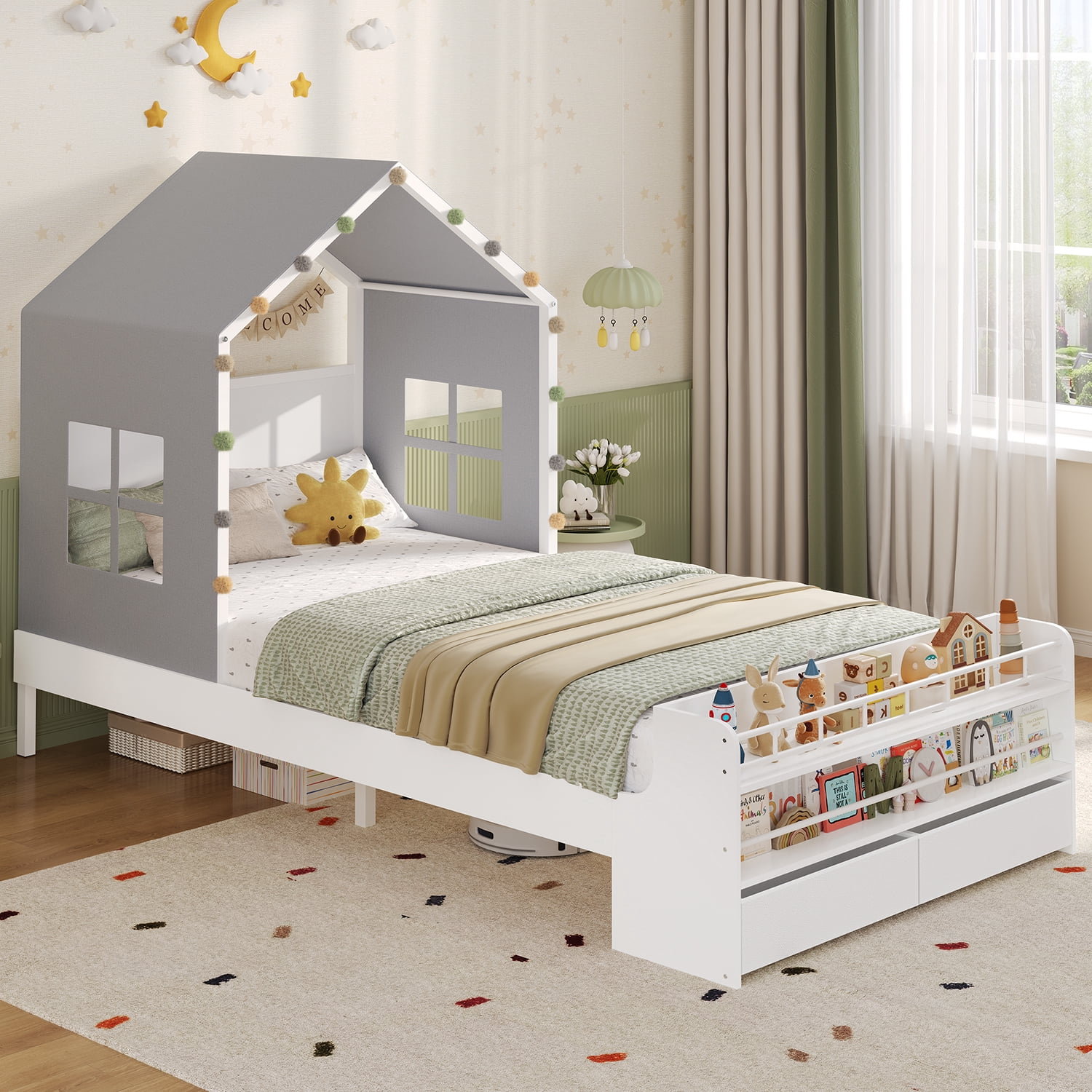 Afuhoklles Twin Size Platform Bed Frame With 2 Storage Drawers And Open Bookshelves for Bedroom,House Bed with Roof & Curtain & Window, White