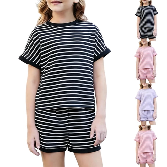 Afuyipoi Boys Girls Striped Summer Co-ord 2 Piece Short Sleeve Active Set Nylon Spandex Cooling Outfit High Elasticity Leisure Purple Size 3-4Years
