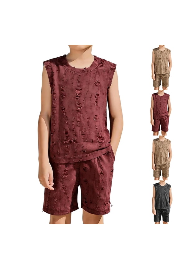 ​Boys Summer Retro Casual Set 2 Piece Sleeveless Lightweight Suit Vintage Style Day Wear Breathable Performance Outfit Khaki Size 110