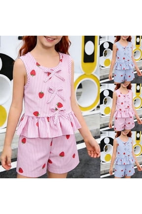 Girls 2 Piece Strawberry Print Set Fruit Pattern Clothing Flutter Sleeve Shorts Suit Little Girls Cute Boutique Set Pink Size 7-8Years