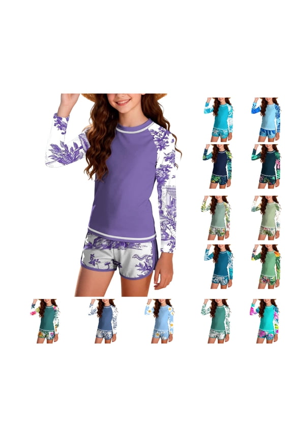 Girls 2-Piece Swimsuit (For 12-17Y) Long Sleeve Padded Graphic Rash Guard and Shorts Quick Dry Vacation Swimwear Blue Size 12Years