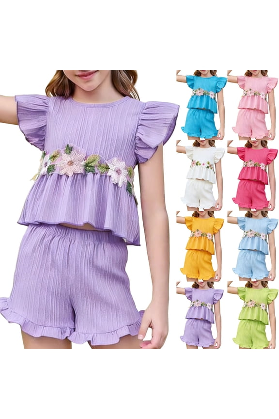 Girls Floral Embroidery Set 2 Piece Suit Flutter Sleeve Top and Shorts Flower Embroidered Outfit Little Girls Fashion Play Set Sky Blue Size 7-8Years