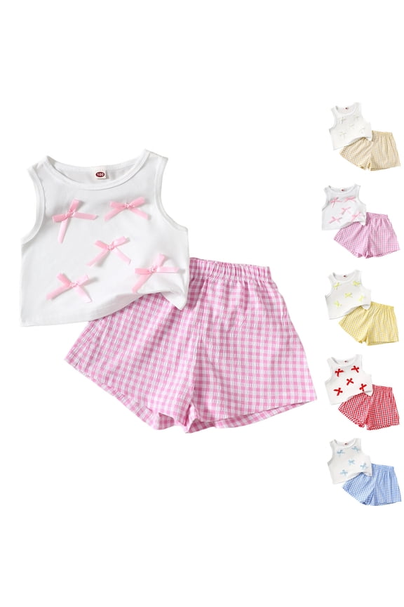 ​Girls Plaid Bowknot Set 2 Piece Boutique Clothing Sweet Tank Top and Shorts Little Girls Gingham Fashion Suit Sky Blue Size 2-3Years