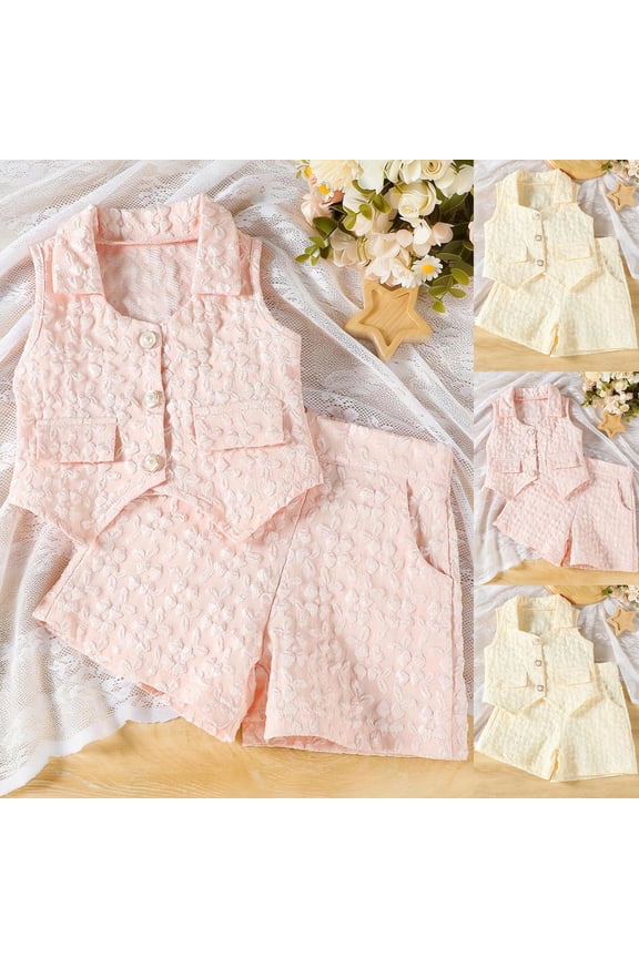 Girls Sleeveless Denim Set 2 Piece Cotton Blend Co-ord Button Up Denim Vest Denim Pleated Skirt Little Girls Jean Boutique Outfit Pink Size 3-4 Years