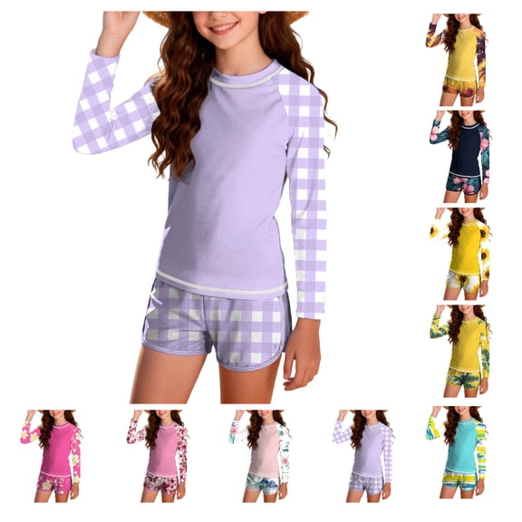Afuyipoi Girls Two-Piece Swimsuit (For 12-17Y) Padded Long Sleeve Checkered Print Rash Guard and Shorts Modest Swim Set Purple Size 12Years