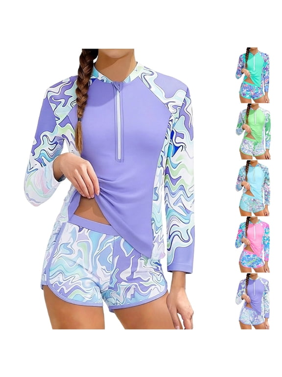 Girls Two-Piece Swimsuit (For 8-14Y) Long Sleeve Wave Print Rash Guard and Shorts Modest Sun Protection Surfing Suit Blue Size 9-10Years