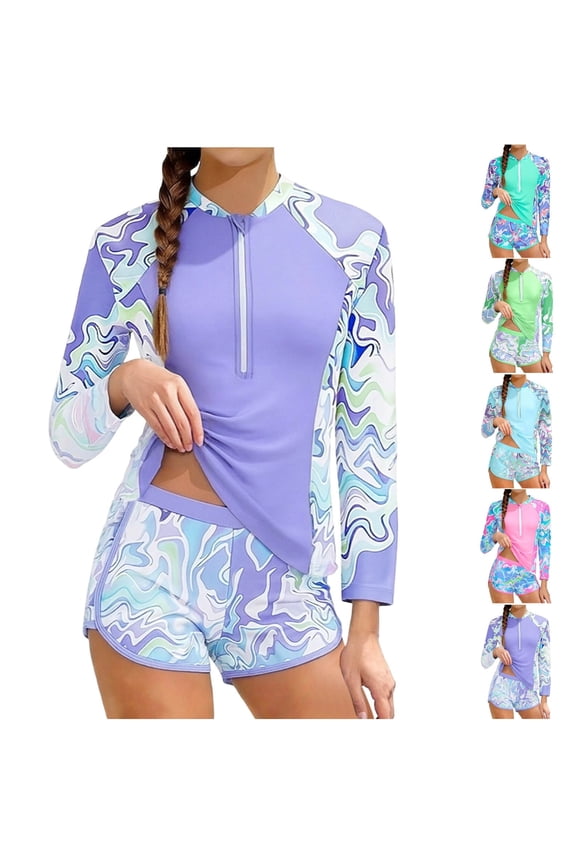 Girls Two-Piece Swimsuit (For 8-14Y) Long Sleeve Wave Print Rash Guard and Shorts Modest Sun Protection Surfing Suit Pink Size 9-10Years
