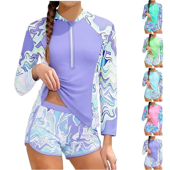Afuyipoi Girls Two-Piece Swimsuit (For 8-14Y) Long Sleeve Wave Print Rash Guard and Shorts Modest Sun Protection Surfing Suit Purple Size 11-12Years