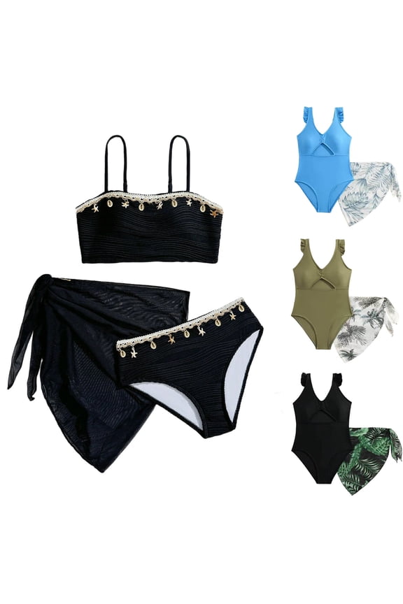 Girls Two-Piece Swimsuit Set (For 9-16Y) Flying Sleeve One-Piece Bathing Suit with Yarn Tutu Skirt Youth Beach Wear Set Blue Size 11-12Years