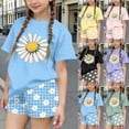 thumbnail image 1 of Afuyipoi Kids Girls Summer Short Sleeve T-Shirt and Shorts 2-Piece Set, Lightweight Casual Graphic Print Top and Bottoms Outfit Purple Size 4-5 Years, 1 of 7