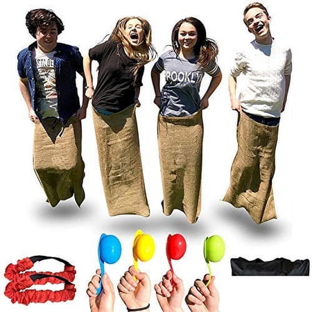 3 Fun Outdoor Games For Kids And Adults, Potato Sack Race, 3 Legged Relay Race Game, and Egg and Spoon Race, Includes Storage Bag