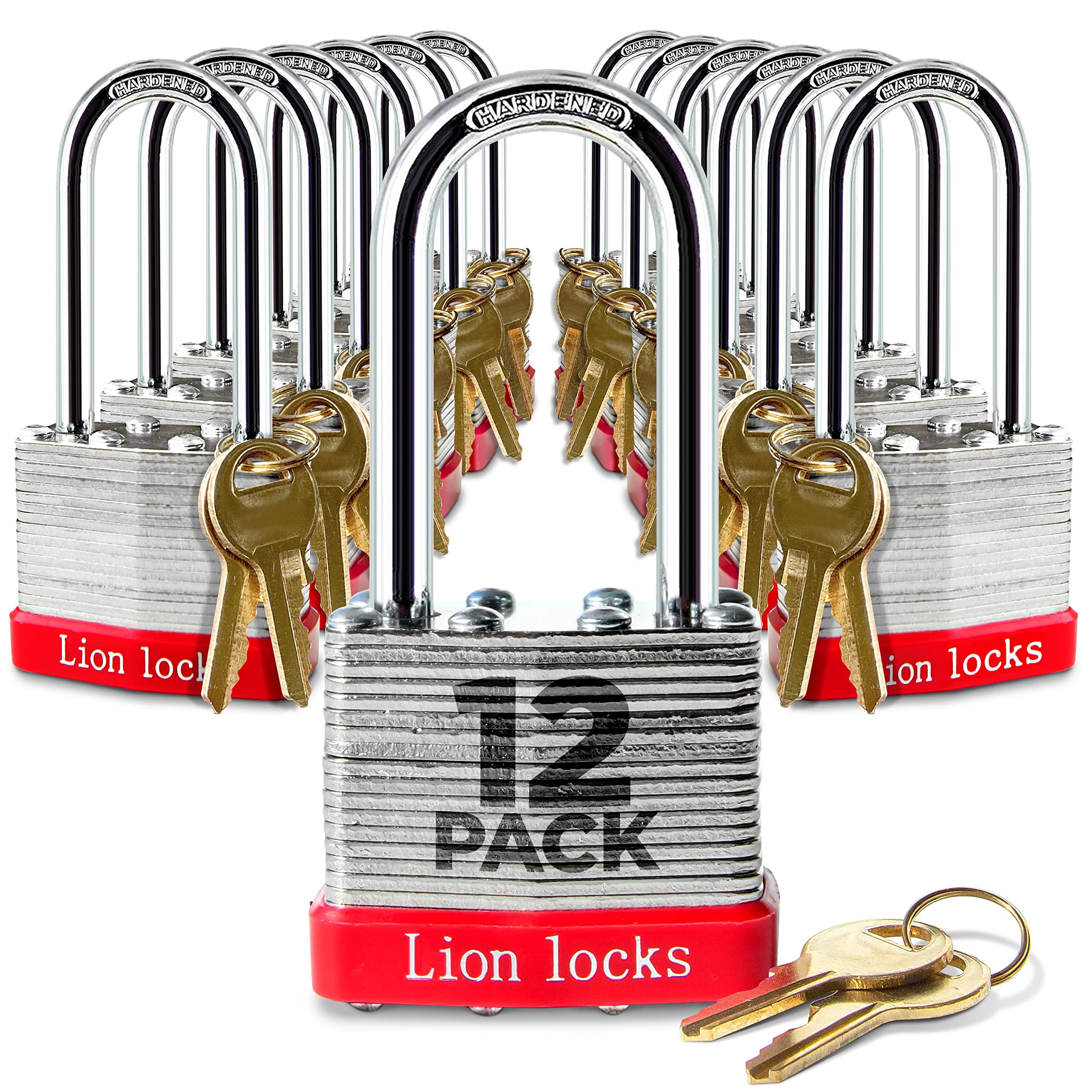 12-Pack Hardened Steel Padlocks with Long Shackle and Keys