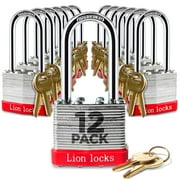 AFULAENTERPRISES Lion Locks 12 Keyed Alike Padlocks with 2" Long Shackle, 24 Keys - Locks with Keys for Outdoor Use, Hardened Steel Case