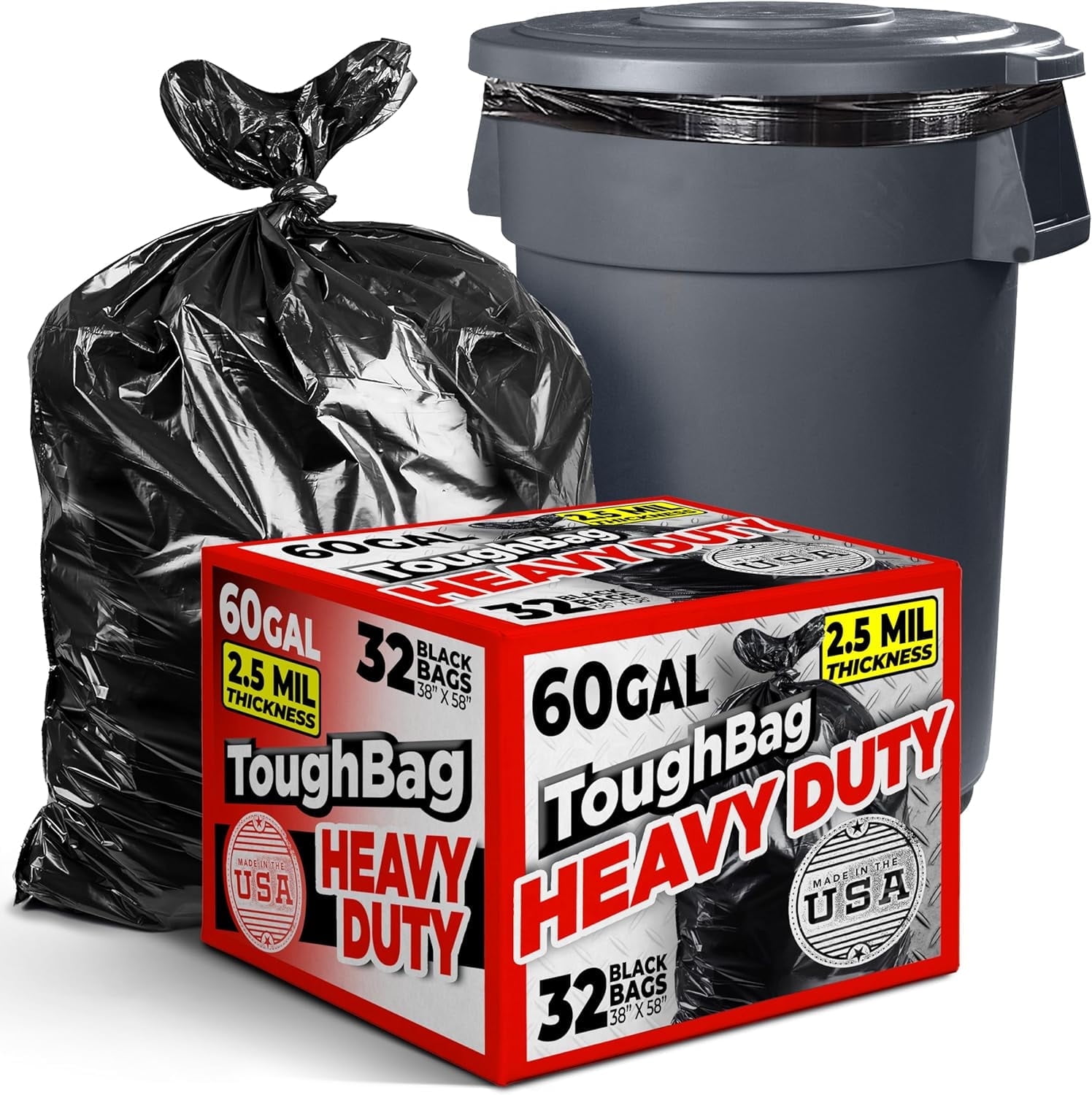 Heavy Duty Black Contractor Trash Bags, 60 Gallon, 2.5 Mil Thickness