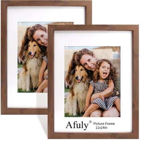 Afuly 11x14 Picture Frame with Mat, Wooden Frames for 11x14 8x10 Photos Display, Modern Walnut Photo Frame Set for Wall and Tabletop, Gifts for Mom Dad Grandma Family Friends, Set of 2