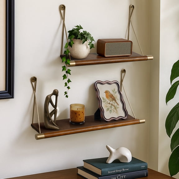 Afuly 2 Pack Mid Century Modern Floating Shelves, Brown Pine Wood Wall Shelves, 18.5" and 23.6" Wall Mounted Display Shelves for Living Room Bedroom