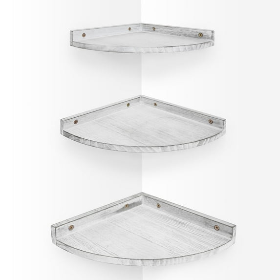 Afuly Corner Floating Shelves Wall Mounted, Rustic Pine Wood Corner Floating Shelf Set of 3, Distressed White Corner Wall Shelves for Living Room Kitchen Bedroom Bathroom, 9.68x9.68 Inch