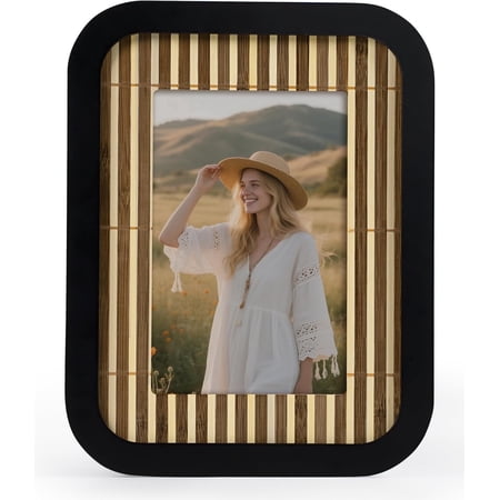 Afuly Boho 4x6 Picture Frame Black Wood Photo Frames, Wall Hanging Tabletop Display Modern Frame with Bamboo Woven, Gift for Grandma Mom Father Friend