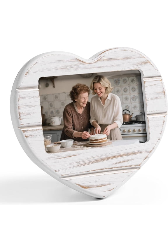 4x6 Heart Picture Frame, Rustic Farmhouse Distressed White Wood Photo Frame for Wall Tabletop, Shabby Chic Wedding Anniversary Mother's Day Gift