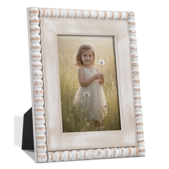 Afuly White 5x7 Farmhouse Picture Frame Distressed Beaded Boho Wood Photo Frame, Desktop or Wall Frames for Decor, Anniversary, Mother's Day Gift