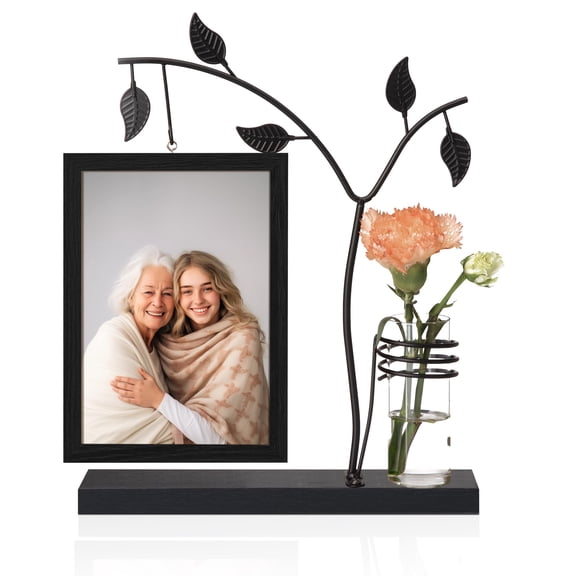 Afuly 5x7 Picture Frame Black Family Picture Frames with Metal Tree Stand Glass Vase Modern Desk Photo Frame for Double Sided Glass Display Wedding Birthday Gifts for Women Couple Mom A101