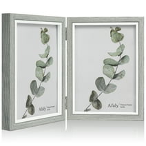 Afuly 5x7 Picture Frame Gray White Double Wooden Hinged Photo Frames 2 Openings Tabletop Desk Display, Gifts for Family Wedding Anniversary Housewarming
