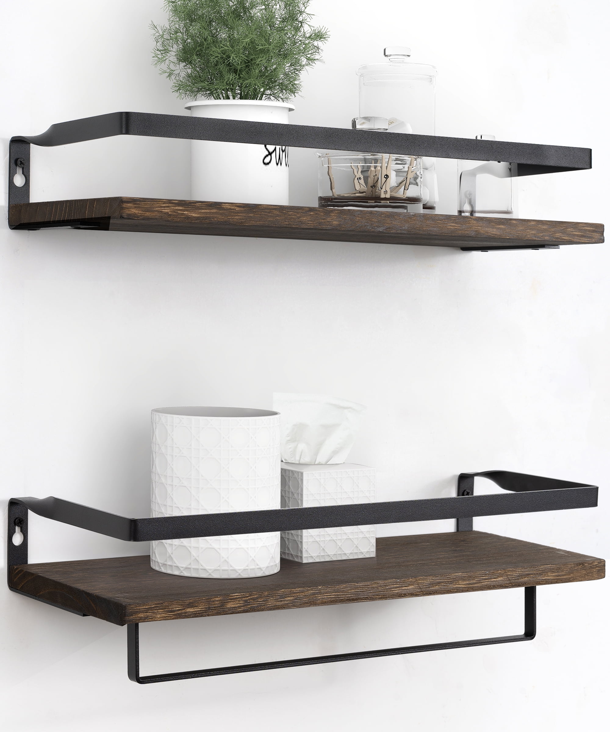 MyGift 2 Tier Wall Mounted Solid Brown Wood Floating Shelf with Metal Frame and 5 Sliding Hooks, Industrial Rustic Bathroom and Kitchen Display
