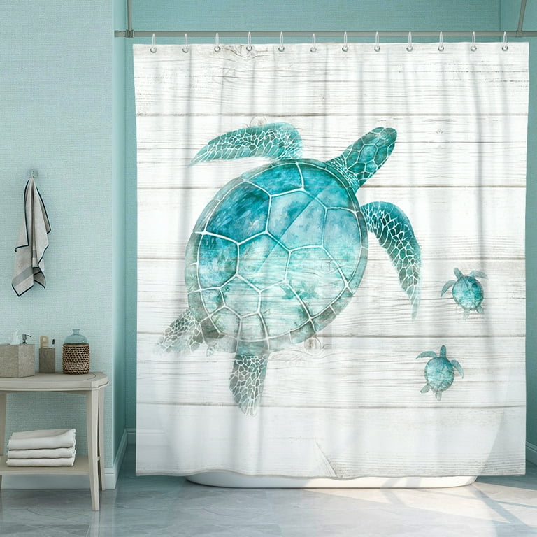 Afuly Blue Ocean Shower Curtain for Bathroom Coastal Beach Decoration Teal  Sea Turtle Curtain Set with Hooks, 72 x 72 inch 