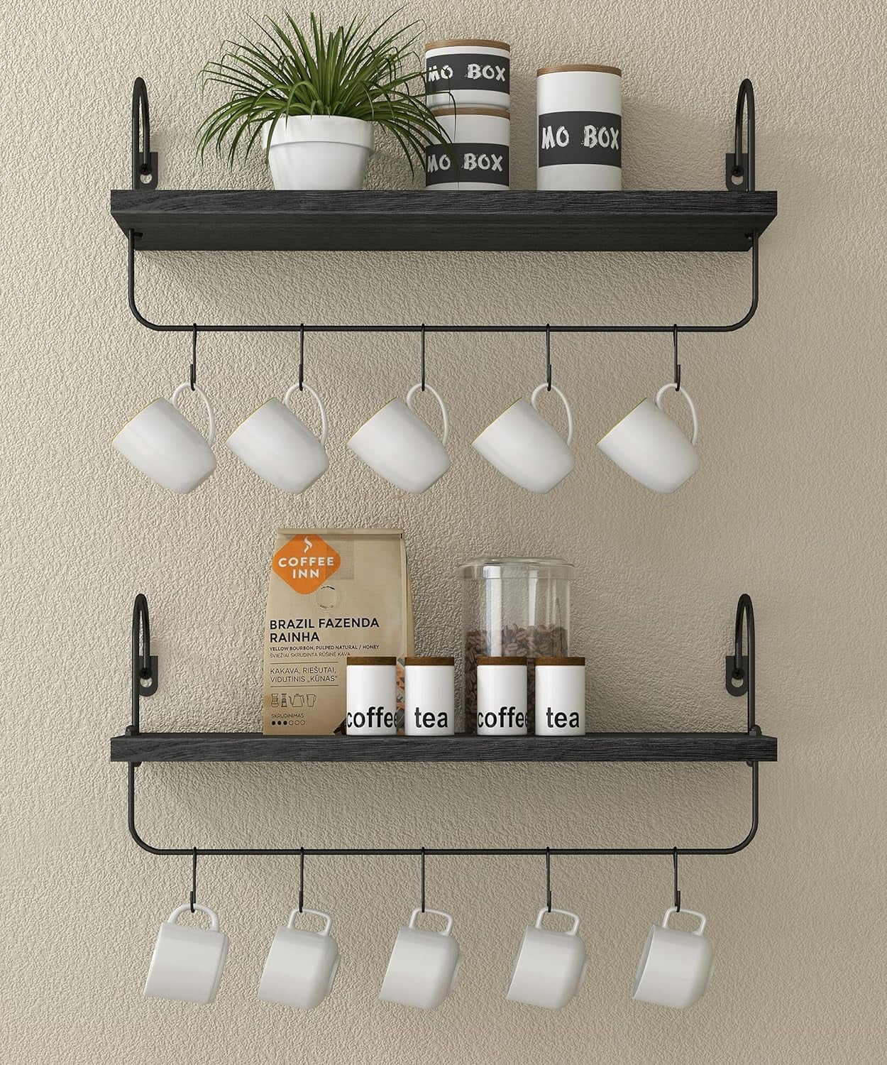 Afuly Coffee Bar Shelf, 20in Wall Mounted Shelves for Coffee Cups Mugs Wine  Glass, Floating Shelves for Coffee Station with 8 Hooks, Coffee Cup Shelf