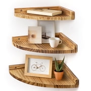 Afuly Floating Corner Shelves for Wall, Rustic Solid Brown Wood Wall Mounted Corner Shelf, 3 Set