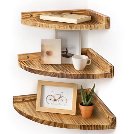 Afuly Floating Corner Shelves for Wall, Rustic Solid Brown Wood Wall Mounted Corner Shelf, 3 Set