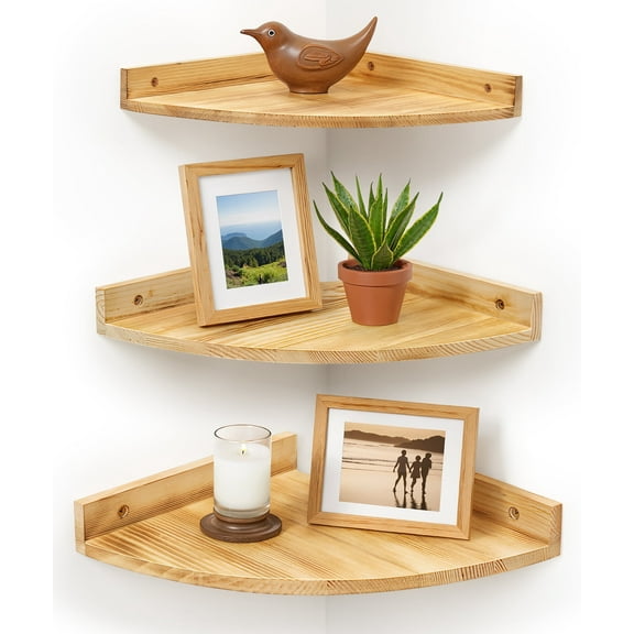 Afuly Floating Corner Shelf for Wall, Large Corner Shelves Solid Pine Wood Wall Mounted Corner Shelf With Cord Hole, 3 Set (10.8In/11.4In/12In)