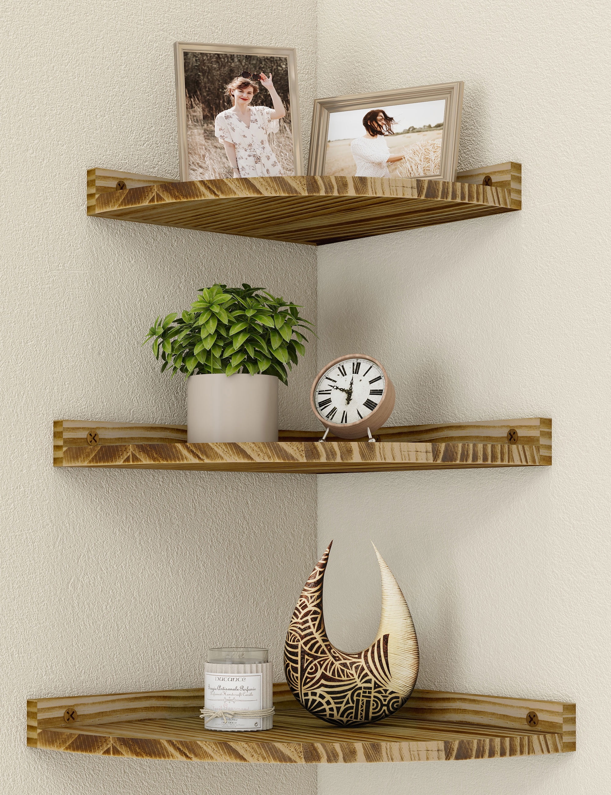 Afuly Floating Corner Shelves for Wall, Rustic Solid Brown Wood Wall Mounted Corner Shelf, 3 Set, Size: 9.84D x 9.84W x 1.18H
