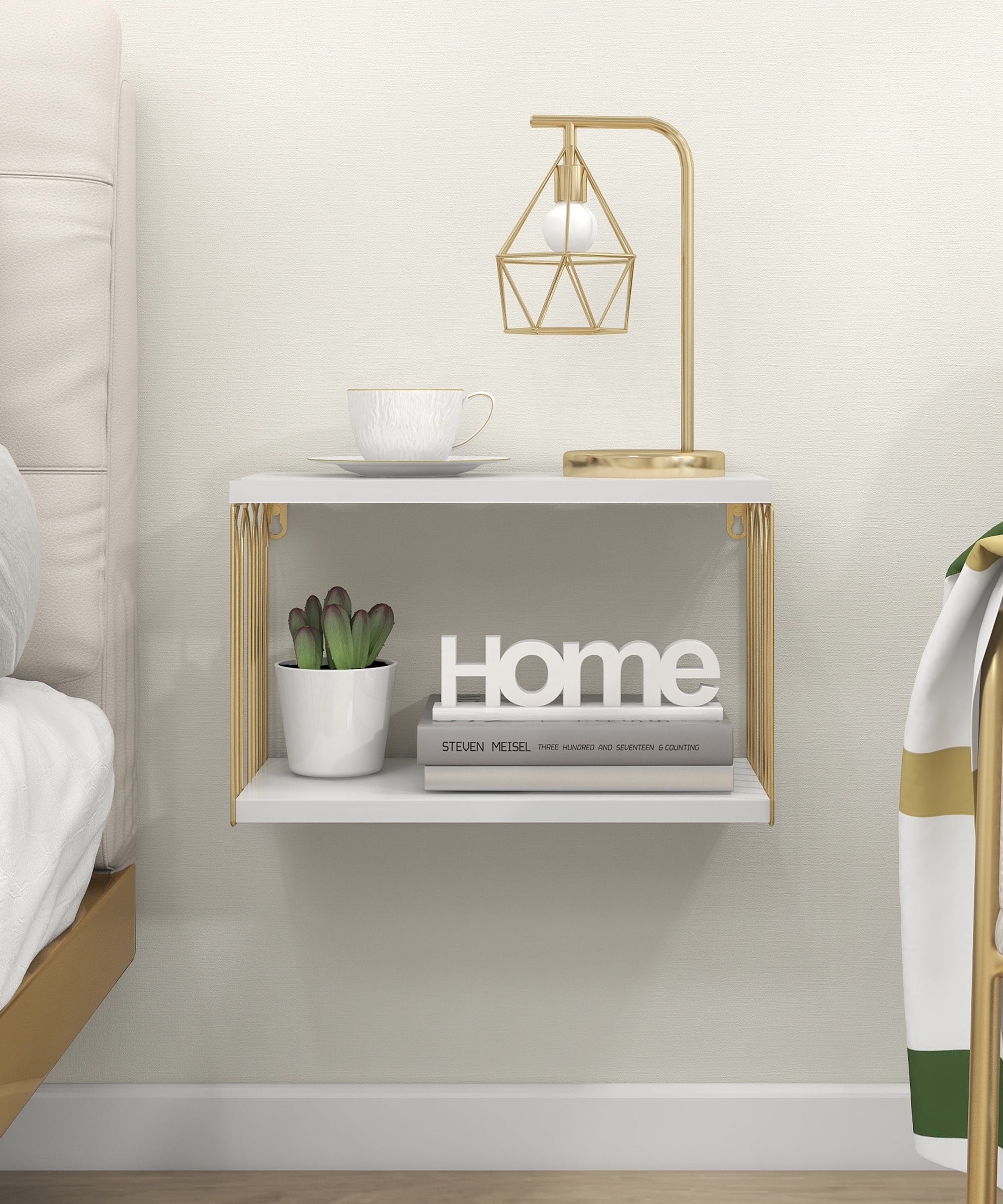 Afuly Floating Nightstand: Small, White and Gold Bedside Table for Wall ...