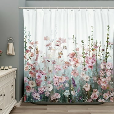 Afuly Floral Shower Curtain for Bathroom Colorful Flowers Pink Wildflower Plants Decor Nature Shower Curtains with Hooks, 72 x 72 inch