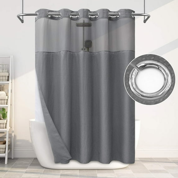 Afuly Hookless Shower Curtain with Snap in Liner Grey Waffle Fabric Hotel Luxury Modern Farmhouse Bathroom Double Layer Heavy Textured Mesh Top Window Shower Curtains Set 71 x 74