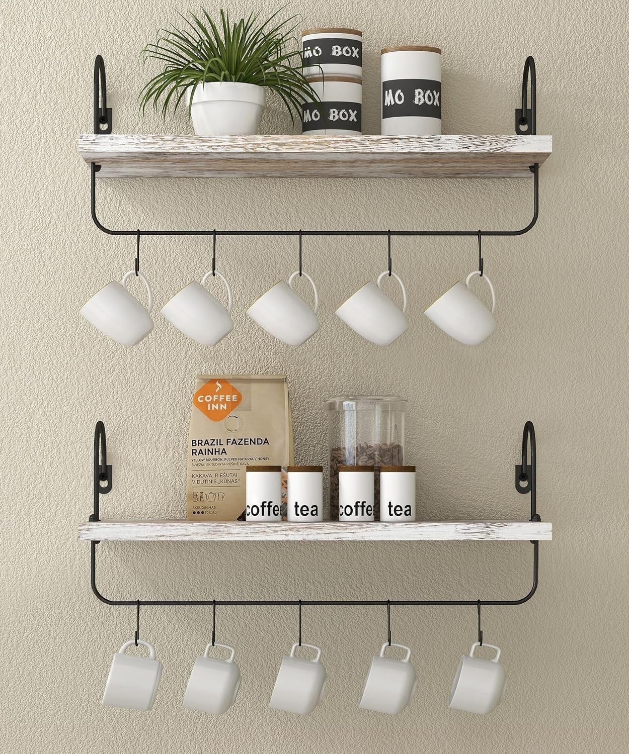 Afuly Wall Shelf with Hooks, Solid Wood Coffee Mug Holder Coffe Bar Organizer, Wall Mounted Farmhouse Kitchen Storage Rack ( 16", Set of 2, White)